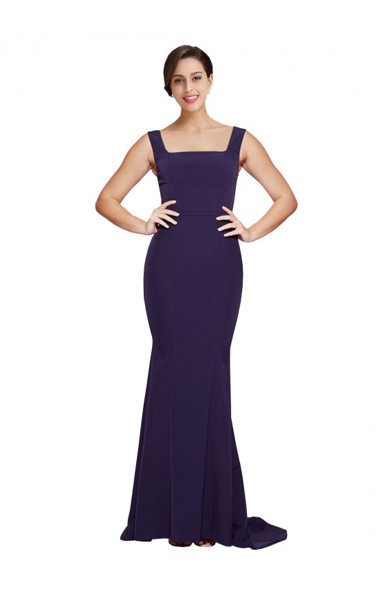 Compra Azul marina oscuro Cubierta Cuadrado Barrer tren Crepé Elástico Largo Vestidos de dama de honor / Vestidos de fiesta