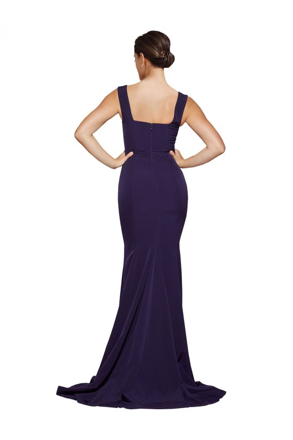 Compra Azul marina oscuro Cubierta Cuadrado Barrer tren Crepé Elástico Largo Vestidos de dama de honor / Vestidos de fiesta