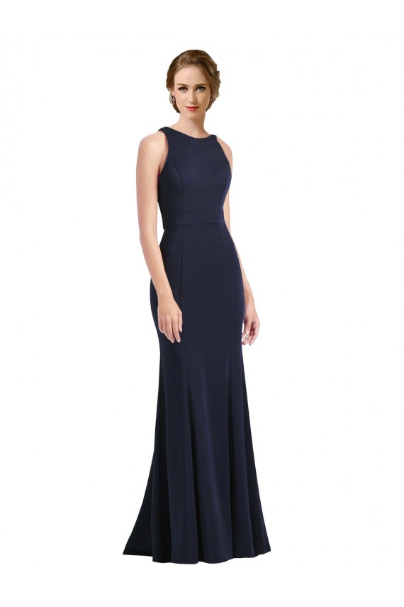 Compra Azul marina oscuro Cubierta Cucharón Cuello Alto Crepé Elástico Largo Vestidos de dama de honor / Vestidos de fiesta