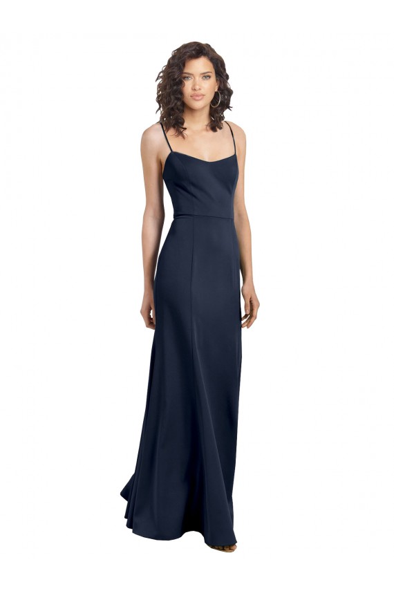 Compra Azul marina oscuro Cubierta Cuello Alto Tirantes espagueti Crepé Elástico Largo Formales Vestidos de dama de honor / Vestidos de fiesta