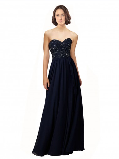 Azul marina oscuro Cubierta Cuello de Corazón Gasa Largo Vestidos de dama de honor Baratos