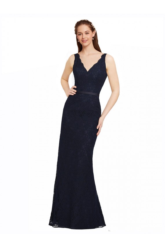 Compra Azul marina oscuro Cubierta Cuello en V Encaje Largo Vestidos de dama de honor