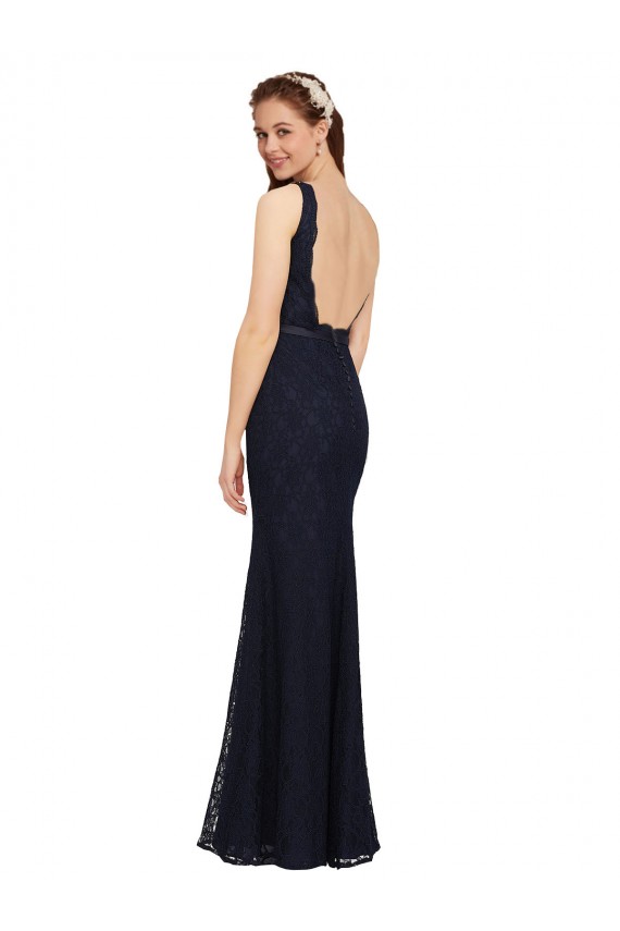 Compra Azul marina oscuro Cubierta Cuello en V Encaje Largo Vestidos de dama de honor