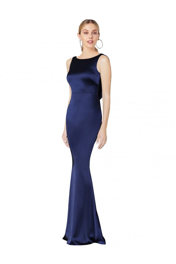 Compra Azul marina oscuro Cubierta Halter Cuello Alto Satén elástico Largo Formales Vestidos de dama de honor / Vestidos de fiesta