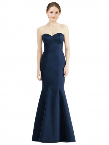 Azul marina oscuro Sirena Cuello de Corazón Satén Largo Vestidos de dama de honor Baratos