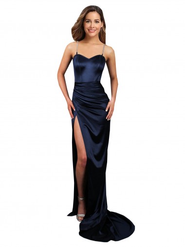 Azul marina oscuro Sirena Cuello de Corazón Satén elástico Largo Formales Vestidos de dama de honor / Vestidos de fiesta Baratos