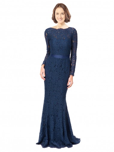 Azul marina oscuro Sirena Cuello joya Barrer tren Encaje Largo Vestidos de dama de honor Baratos