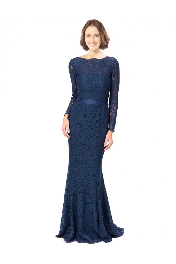 Compra Azul marina oscuro Sirena Cuello joya Barrer tren Encaje Largo Vestidos de dama de honor