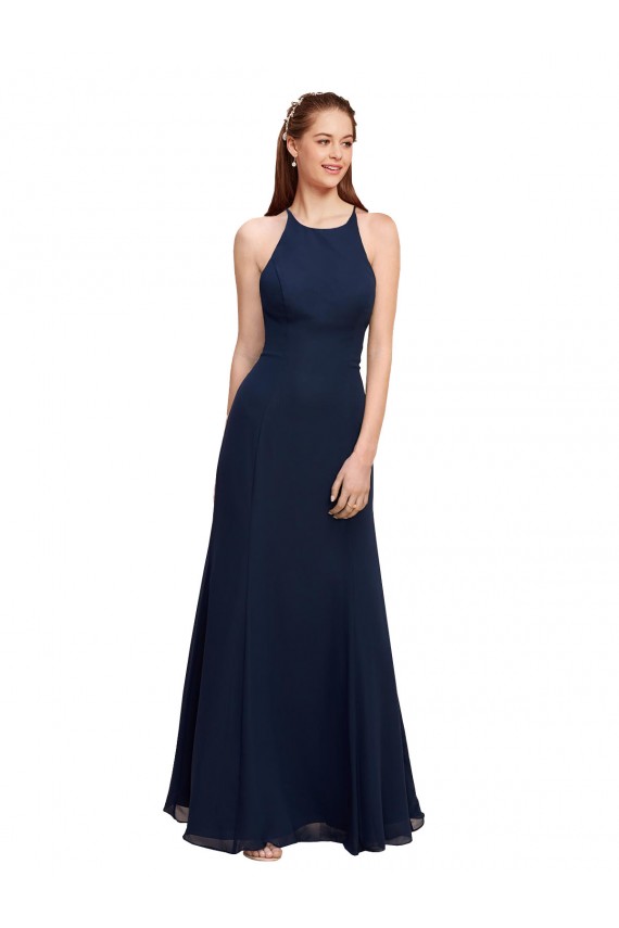 Compra Azul marina oscuro Sirena Halter Cuello Alto Gasa Largo Vestidos de dama de honor / Vestidos de fiesta