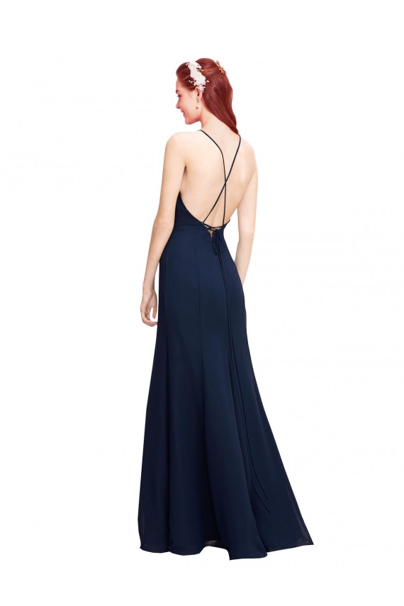 Compra Azul marina oscuro Sirena Halter Cuello Alto Gasa Largo Vestidos de dama de honor / Vestidos de fiesta