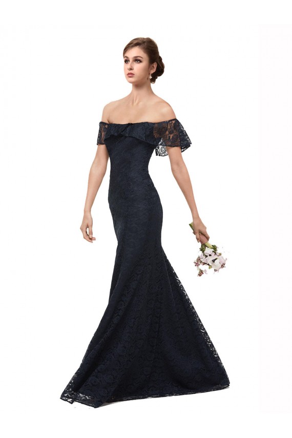 Compra Azul marina oscuro Sirena Hombros Descubiertos Encaje Largo Vestidos de dama de honor / Vestidos de fiesta