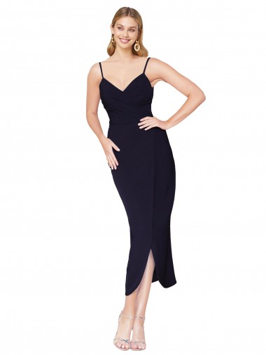 Azul marina oscuro Sirena Tirantes espagueti Crepé Elástico Corto Asimétrico Formales Vestidos de dama de honor / Vestidos de fiesta / Vestidos de cóctel Baratos
