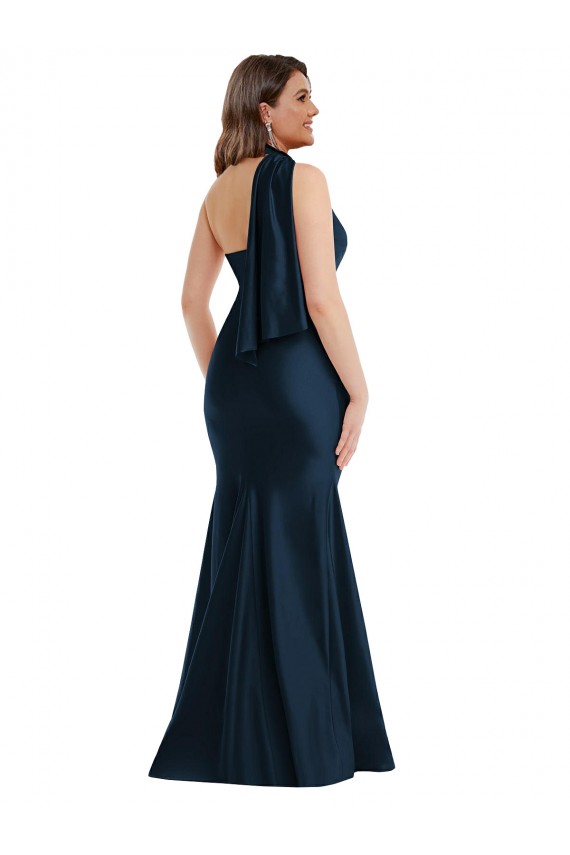 Compra Azul marina oscuro Sirena Un Hombre Halter Satén sedoso Largo Formales Vestidos de dama de honor / Vestidos de fiesta