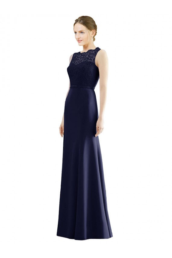 Compra Azul marina oscuro Sirena Ilusión Gasa Encaje Largo Vestidos de dama de honor