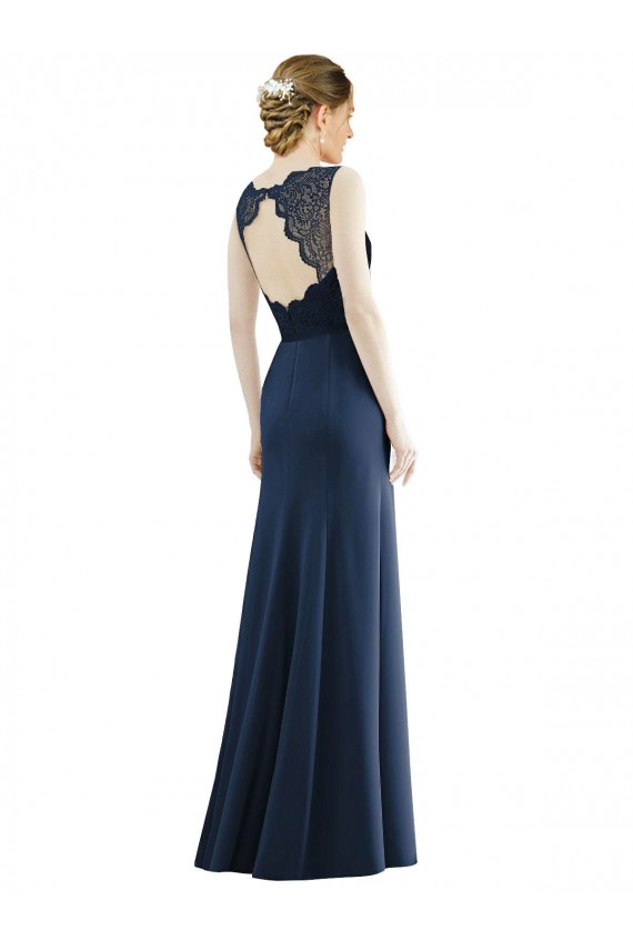 Compra Azul marina oscuro Sirena Ilusión Gasa Encaje Largo Vestidos de dama de honor