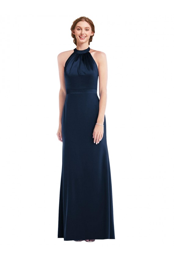 Compra Azul marina oscuro Trompeta Cuello Alto Crepé Elástico Largo Vestidos de dama de honor / Vestidos de fiesta
