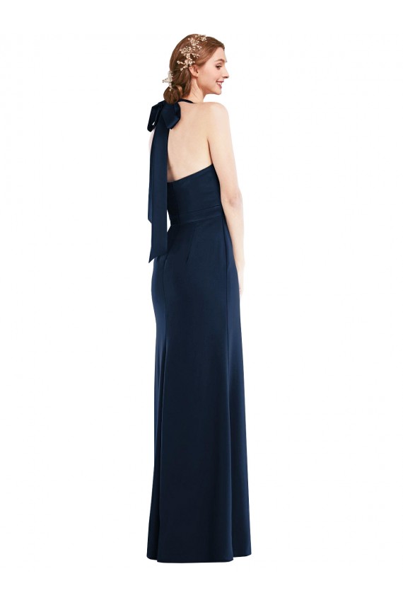Compra Azul marina oscuro Trompeta Cuello Alto Crepé Elástico Largo Vestidos de dama de honor / Vestidos de fiesta
