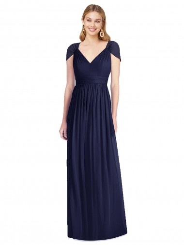 Azul marina oscuro Trompeta Cuello en V Gasa Largo Vestidos de dama de honor Baratos