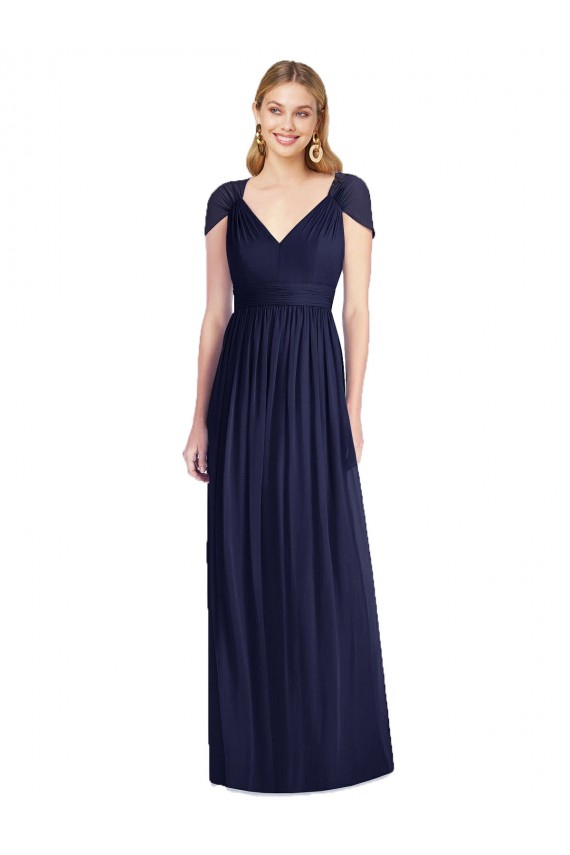 Compra Azul marina oscuro Trompeta Cuello en V Gasa Largo Vestidos de dama de honor