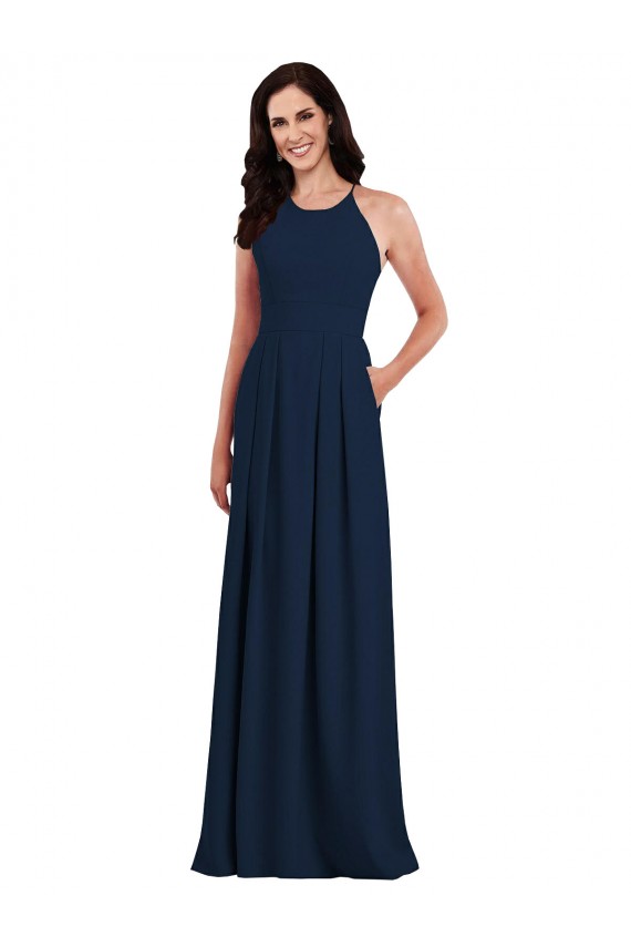 Compra Azul marina oscuro Trompeta Halter Crepé Elástico Largo Vestidos de dama de honor