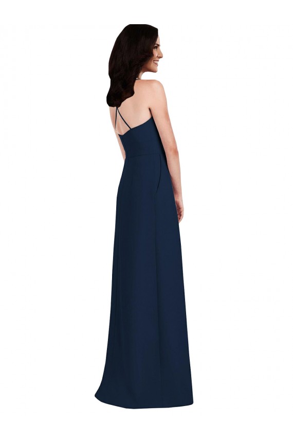 Compra Azul marina oscuro Trompeta Halter Crepé Elástico Largo Vestidos de dama de honor
