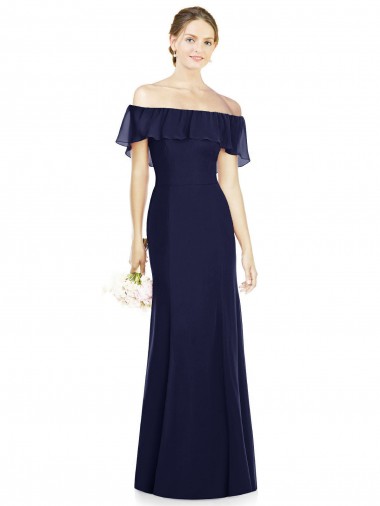 Azul marina oscuro Trompeta Hombros Descubiertos Gasa Largo Vestidos de dama de honor Baratos