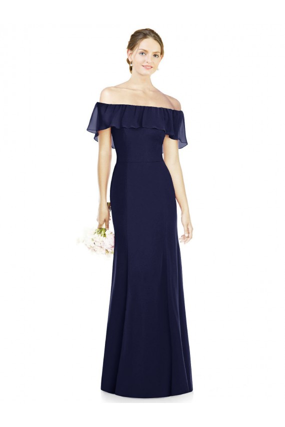 Compra Azul marina oscuro Trompeta Hombros Descubiertos Gasa Largo Vestidos de dama de honor