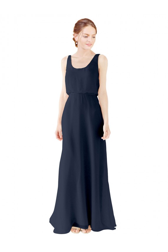 Compra Azul marina oscuro línea A Cucharón Gasa Largo Vestidos de dama de honor