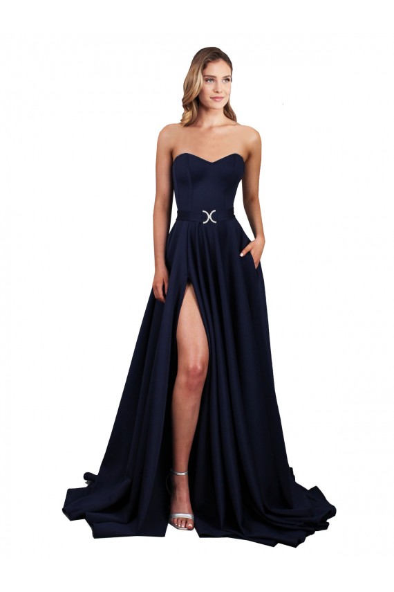 Compra Azul marina oscuro línea A Cuello Alto Crepé Elástico Largo Formales Vestidos de dama de honor / Vestidos de fiesta