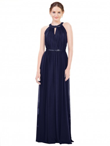 Azul marina oscuro línea A Cuello Alto Gasa Largo Vestidos de dama de honor Baratos