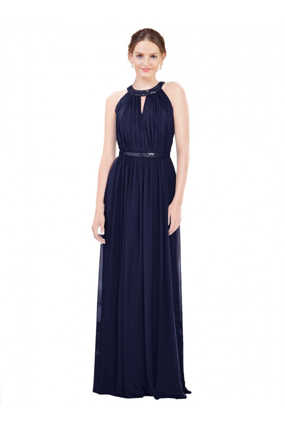 Compra Azul marina oscuro línea A Cuello Alto Gasa Largo Vestidos de dama de honor