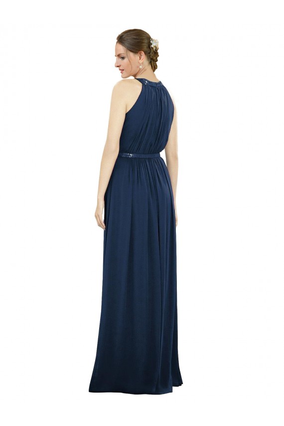 Compra Azul marina oscuro línea A Cuello Alto Gasa Largo Vestidos de dama de honor