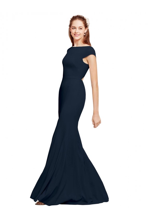Compra Azul marina oscuro línea A Cuello Barco Crepé Elástico Largo Formales Vestidos de dama de honor / Vestidos de fiesta