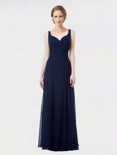 Azul marina oscuro línea A Cuello de Corazón Gasa Largo Vestidos de dama de honor Baratos