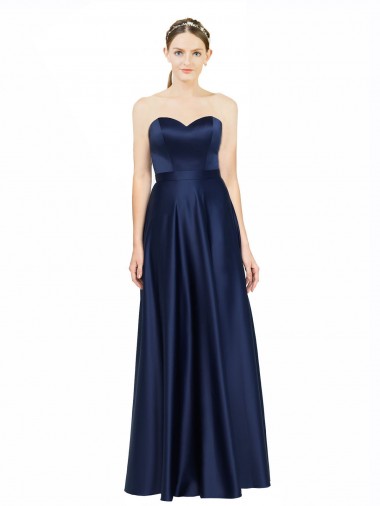Azul marina oscuro línea A Cuello de Corazón Satén elástico Largo Formales Vestidos de dama de honor / Vestidos de noche Baratos