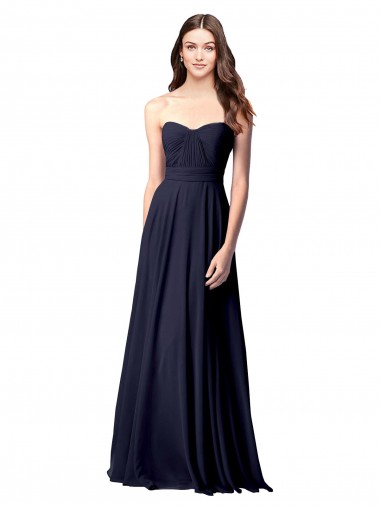 Azul marina oscuro línea A Cuello de Corazón Sin tirantes Gasa Largo Vestidos de dama de honor Baratos