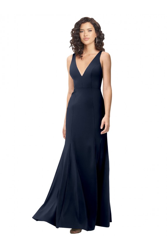 Compra Azul marina oscuro línea A Cuello en V Cuello Alto Crepé Elástico Largo Formales Vestidos de dama de honor / Vestidos de fiesta