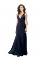 Compra Azul marina oscuro línea A Cuello en V Cuello Alto Crepé Elástico Largo Formales Vestidos de dama de honor / Vestidos de fiesta
