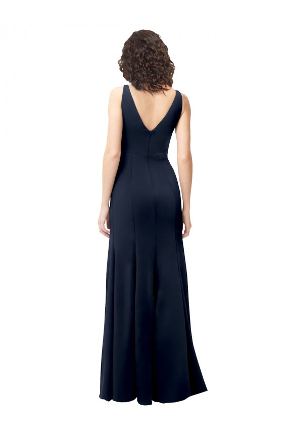 Compra Azul marina oscuro línea A Cuello en V Cuello Alto Crepé Elástico Largo Formales Vestidos de dama de honor / Vestidos de fiesta