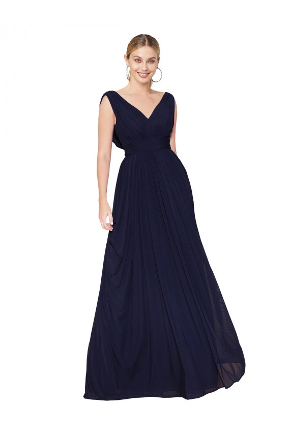 Compra Azul marina oscuro línea A Cuello en V Cuello Alto Gasa Largo Formales Vestidos de dama de honor / Vestidos de fiesta