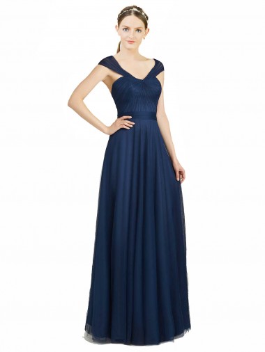 Azul marina oscuro línea A Cuello en V Cuello de Corazón Tul Largo Vestidos de dama de honor Baratos