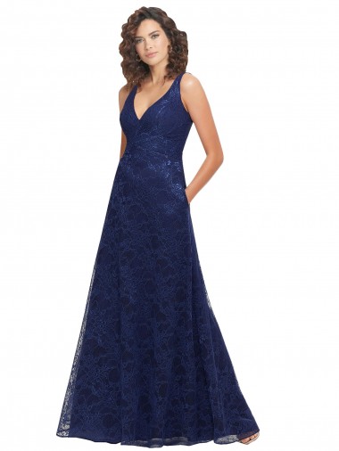 Azul marina oscuro línea A Cuello en V Encaje Largo Vestidos de dama de honor Baratos