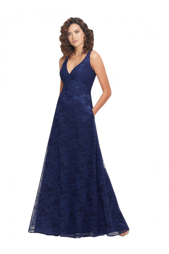 Compra Azul marina oscuro línea A Cuello en V Encaje Largo Vestidos de dama de honor