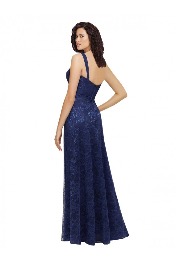 Compra Azul marina oscuro línea A Cuello en V Encaje Largo Vestidos de dama de honor