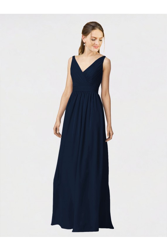 Compra Azul marina oscuro línea A Cuello en V Gasa Largo Vestidos de dama de honor