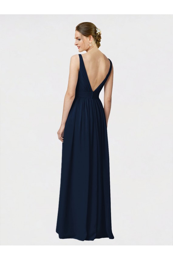 Compra Azul marina oscuro línea A Cuello en V Gasa Largo Vestidos de dama de honor