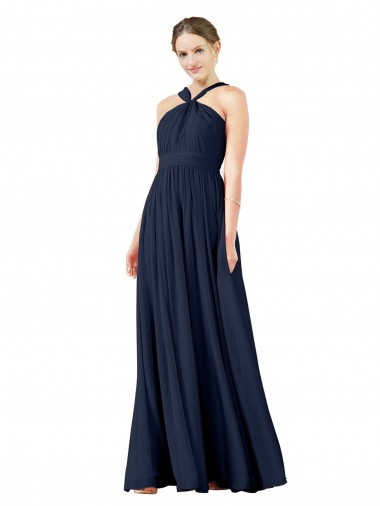 Azul marina oscuro línea A Cuello en V Gasa Largo Vestidos de dama de honor Baratos