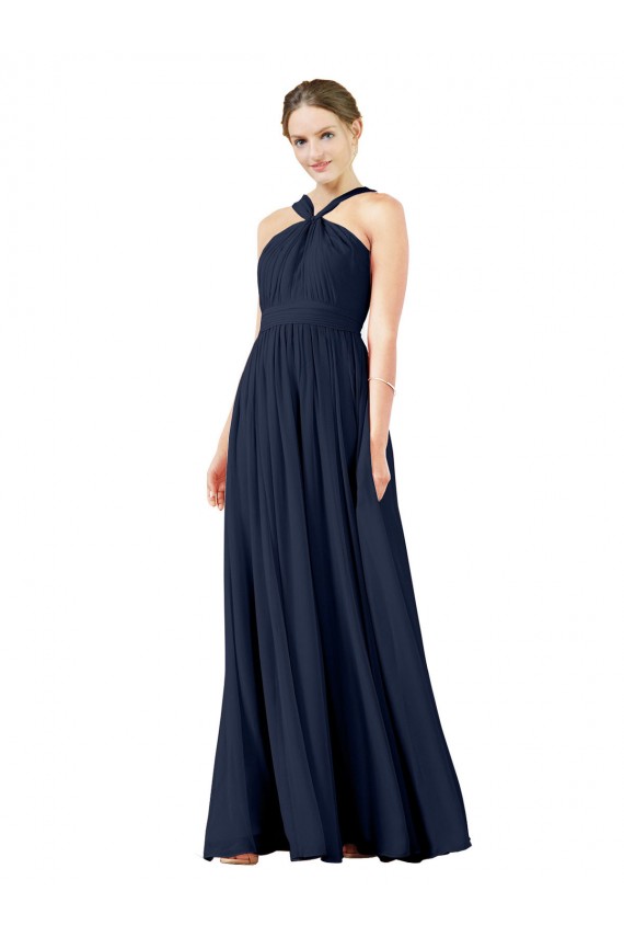 Compra Azul marina oscuro línea A Cuello en V Gasa Largo Vestidos de dama de honor