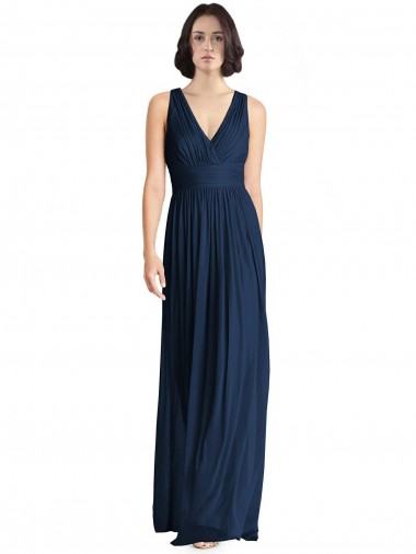 Azul marina oscuro línea A Cuello en V Gasa Largo Vestidos de dama de honor Baratos