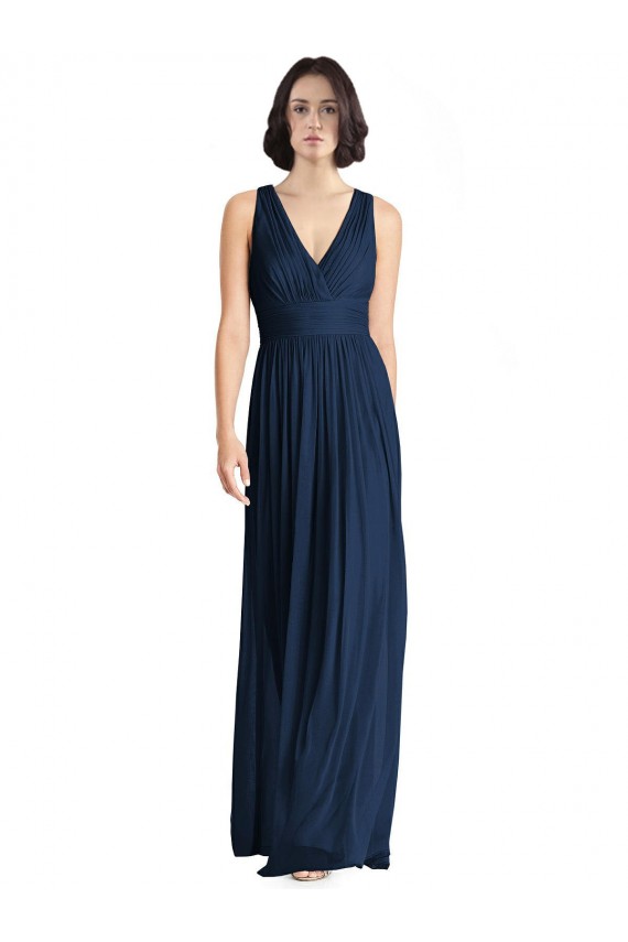 Compra Azul marina oscuro línea A Cuello en V Gasa Largo Vestidos de dama de honor